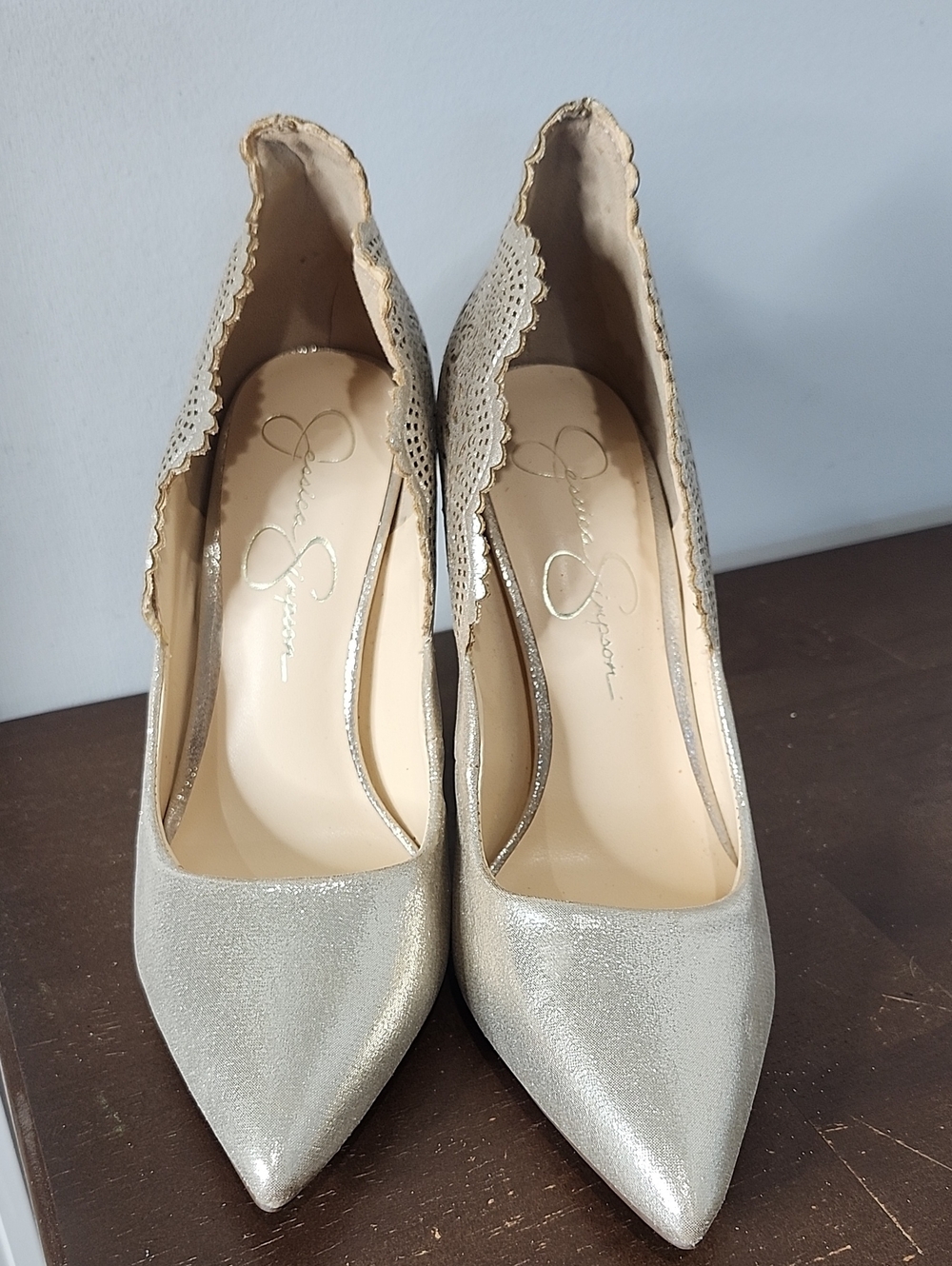 Jessica Simpson Shimmery Gold Pointed Toe Scalloped Pumps